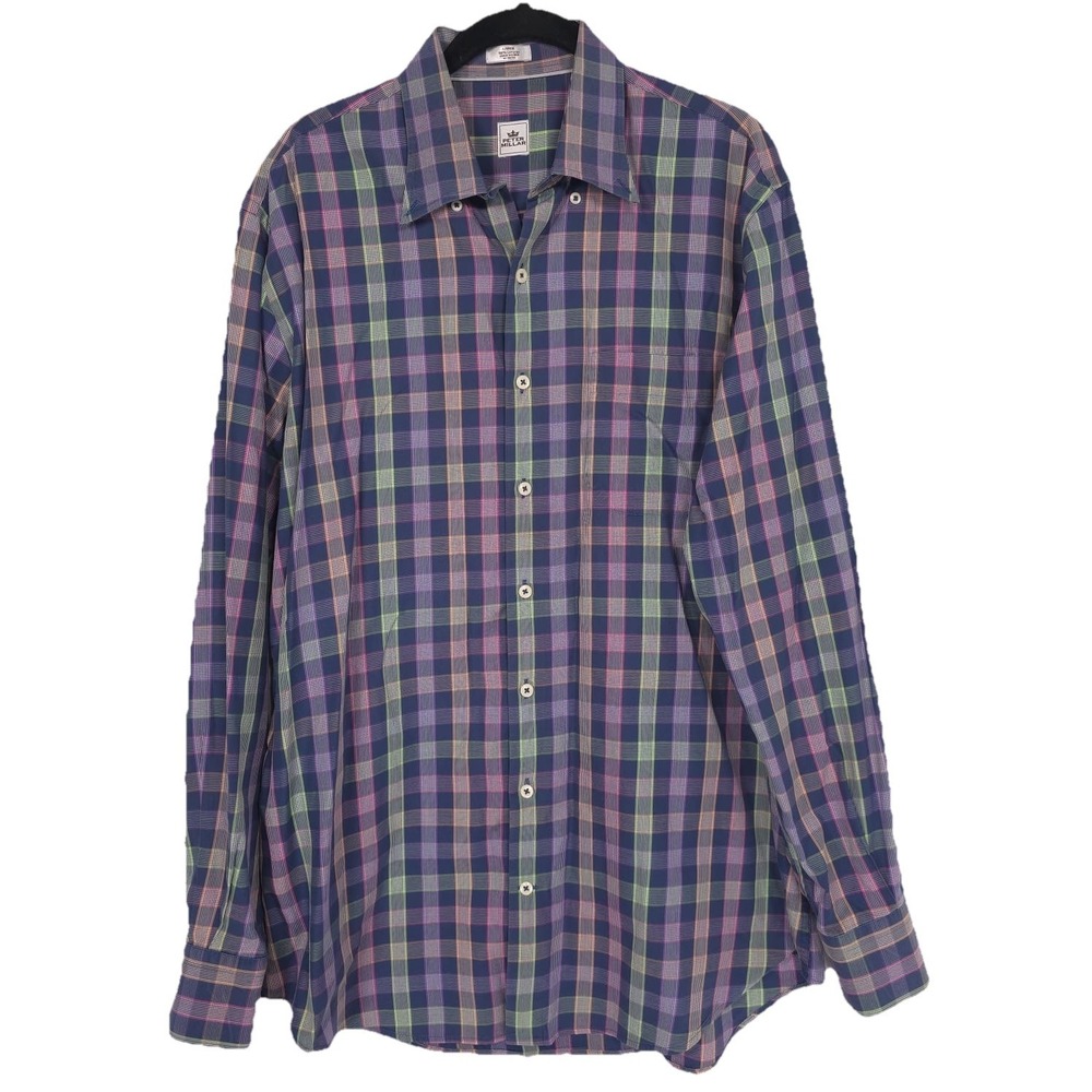 PETER MILLAR Men's Shirt LARGE Cotton Plaid Navy Pink Green Orange Check Button